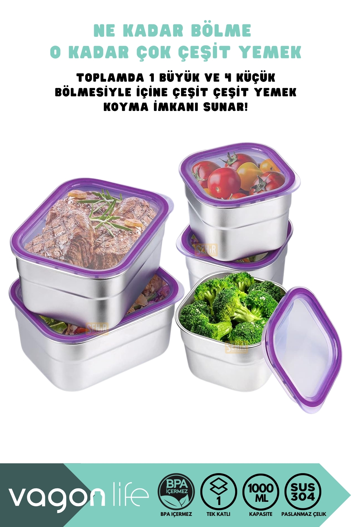 1000ML LUNCHBOX YENİ KOLEKSİYON TEK KATLI 5 BÖLMELİ ÇELİK SEFER TASI YEMEK KUTUSU - Görsel 2