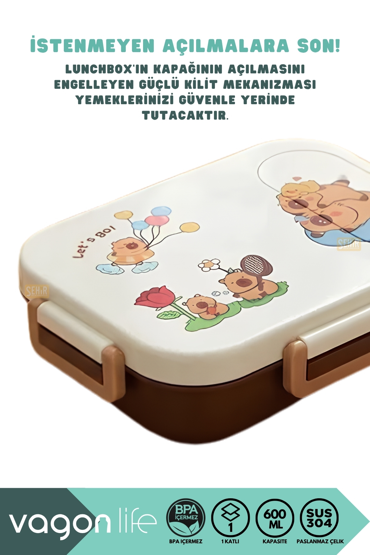600ML LUNCHBOX CAPYBARA DESENLİ TEK KATLI 2 BÖLMELİ PASLANMAZ ÇELİK SEFER TASI YEMEK KUTUSU - Görsel 4
