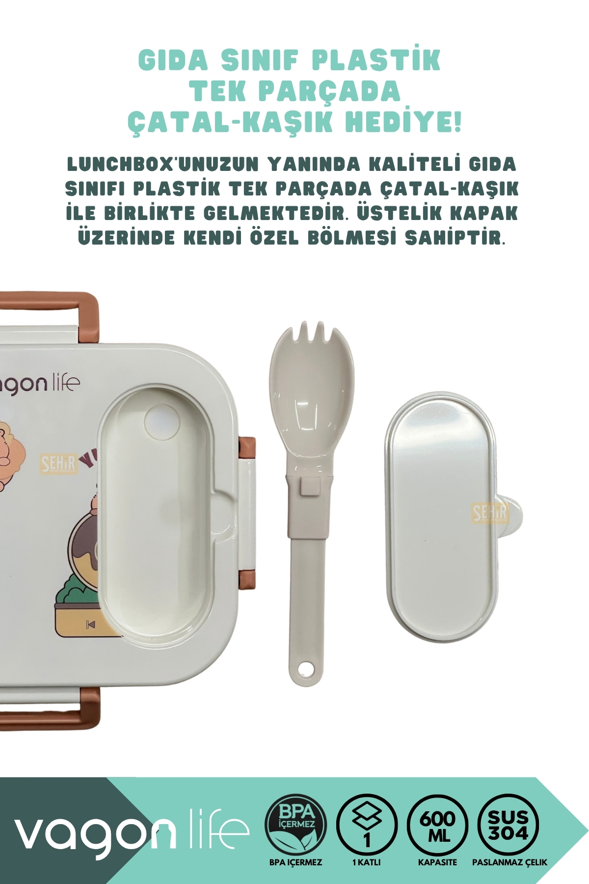 600ML LUNCHBOX CAPYBARA DESENLİ TEK KATLI 2 BÖLMELİ PASLANMAZ ÇELİK SEFER TASI YEMEK KUTUSU - Görsel 3