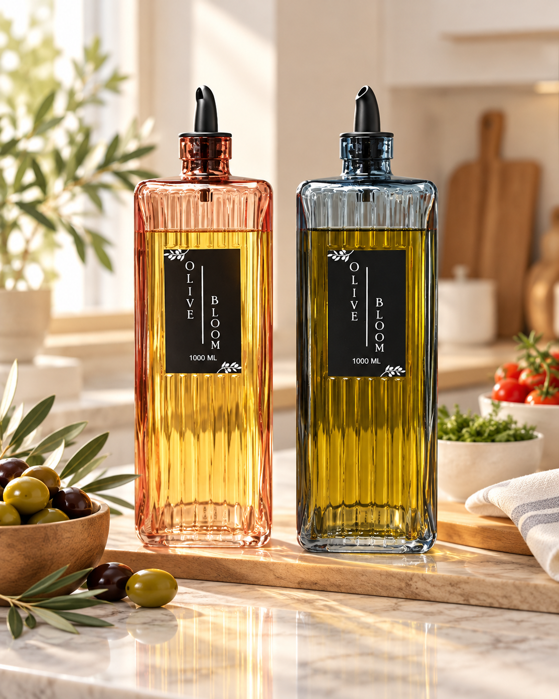 OLIVE BLOOM 1000 ML CAM YAĞLIK – RENKLİ FİTİLLİ CAM ZEYTİNYAĞLIK VE SIVI YAĞ ŞİŞESİ