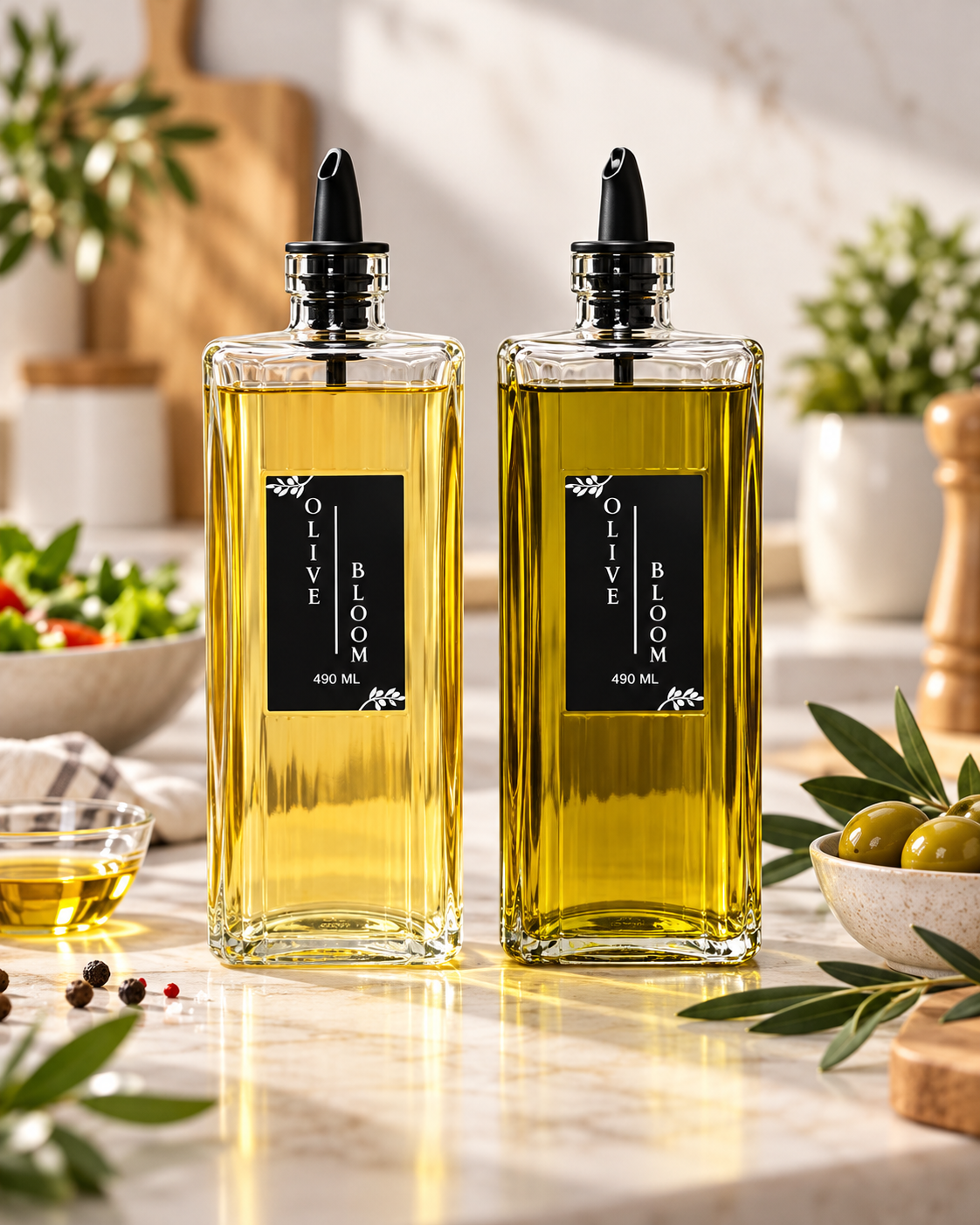 OLIVE BLOOM 490 ML CAM YAĞLIK – RENKLİ FİTİLLİ CAM ZEYTİNYAĞLIK VE SIVI YAĞ ŞİŞESİ