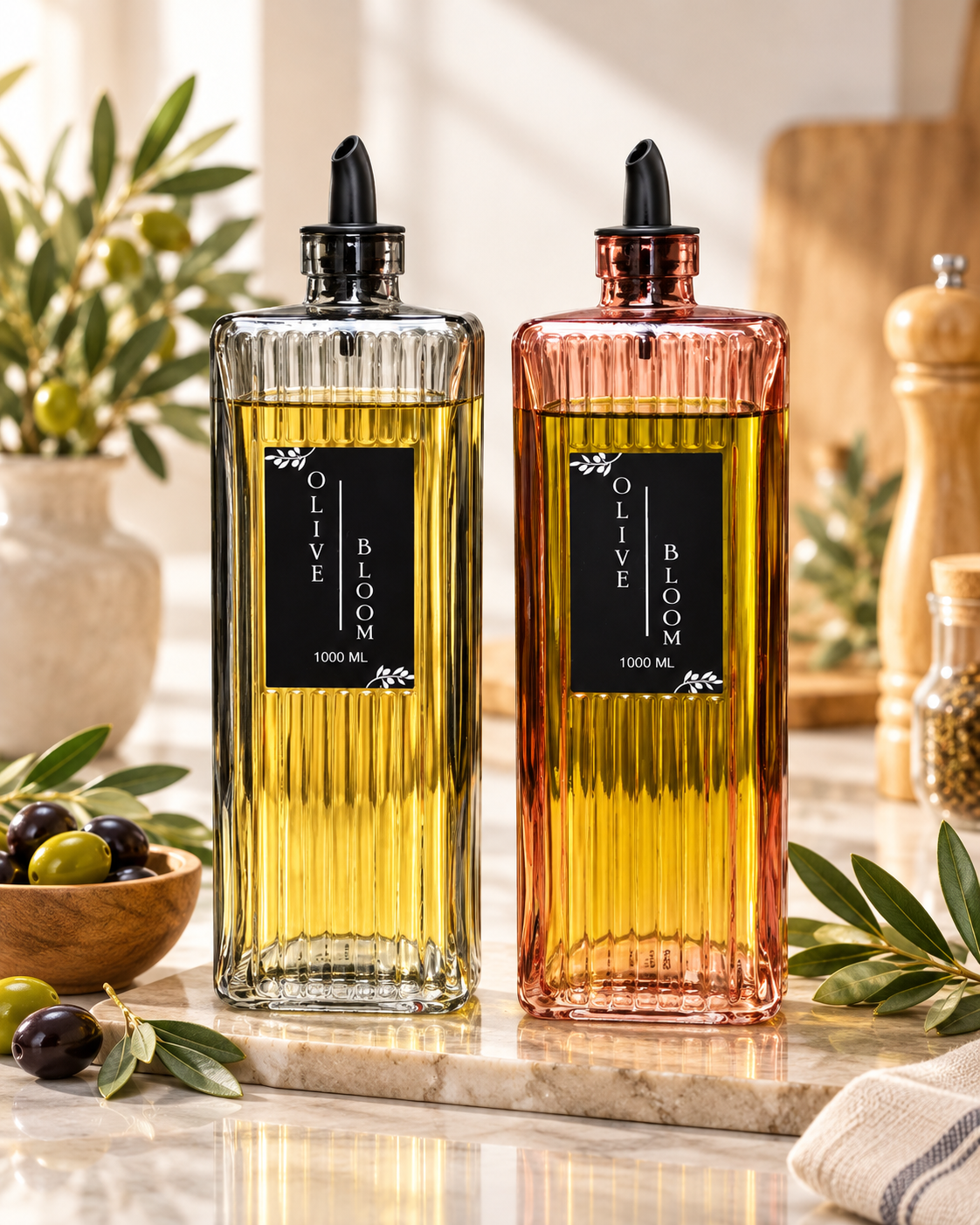 OLIVE BLOOM 1000 ML CAM YAĞLIK – RENKLİ FİTİLLİ CAM ZEYTİNYAĞLIK VE SIVI YAĞ ŞİŞESİ