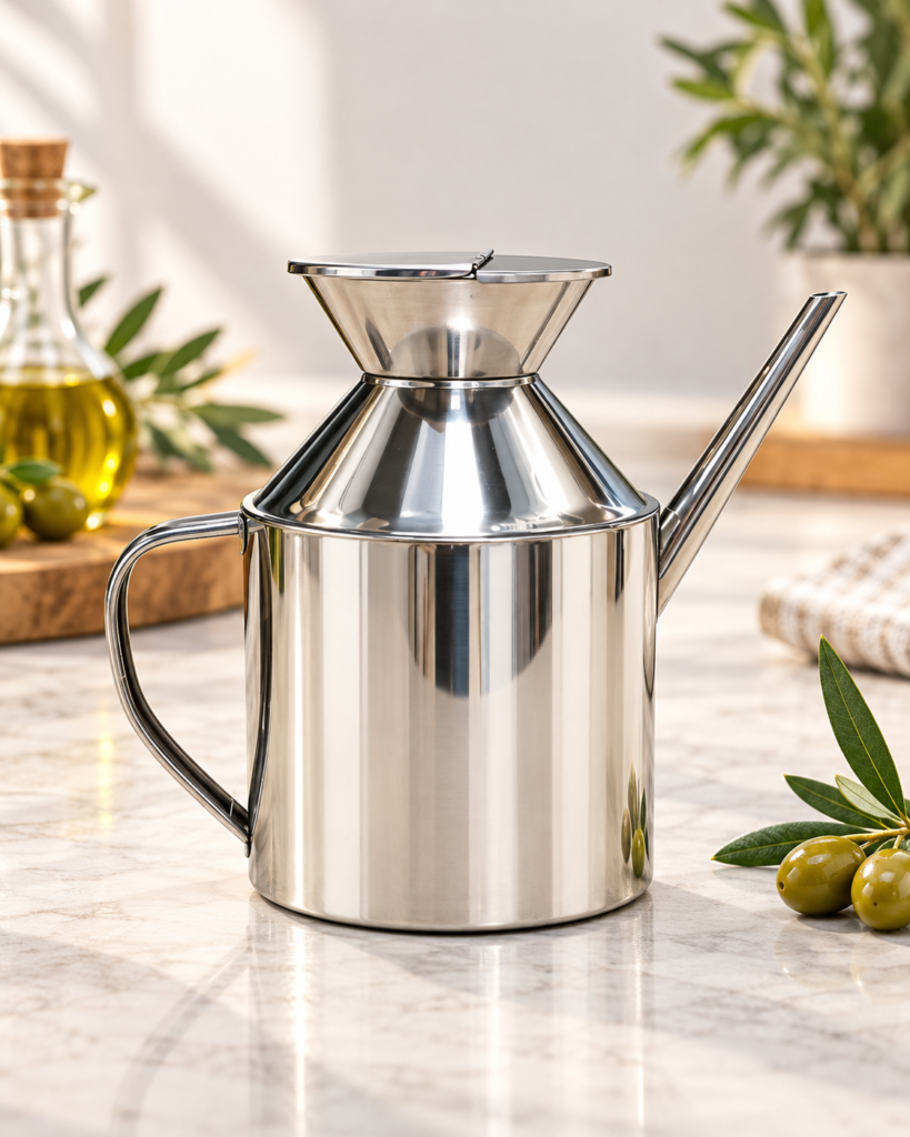 PASLANMAZ ÇELİK YAĞLIK 1000 ML – DAMLATMA UÇLU, KAPAKLI ZEYTİNYAĞI VE SIVI YAĞDANLIK