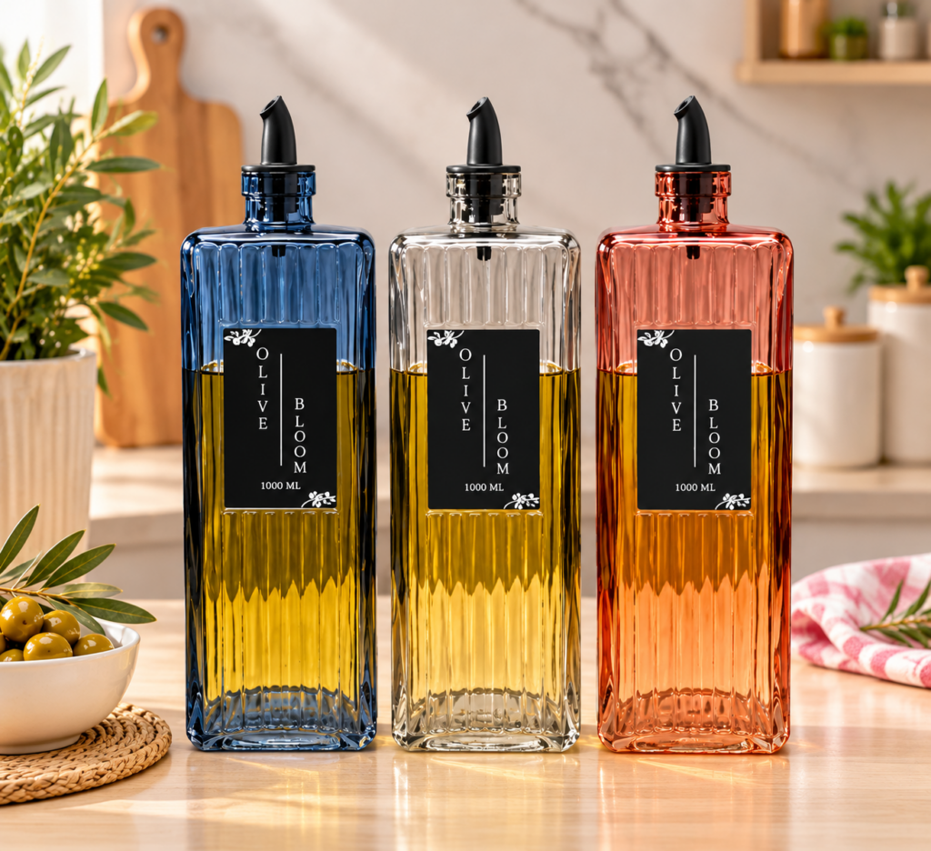 OLIVE BLOOM 1000 ML CAM YAĞLIK – RENKLİ FİTİLLİ CAM ZEYTİNYAĞLIK VE SIVI YAĞ ŞİŞESİ SET